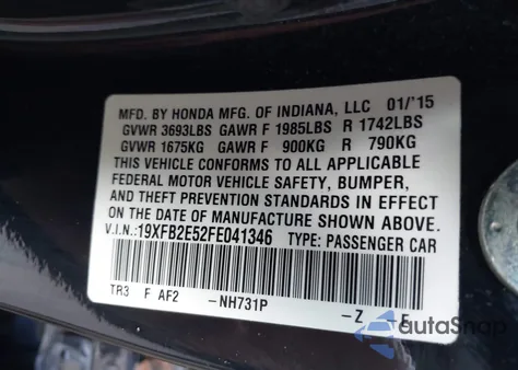 2015 Honda Civic Lx z USA, uszkodzony, nr VIN 19XFB2E52FE041346